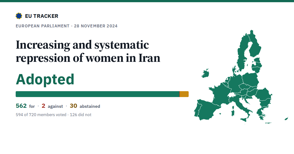 Increasing and systematic repression of women in Iran: Adopted, 562 in favour, 2 against, 30 abstained.