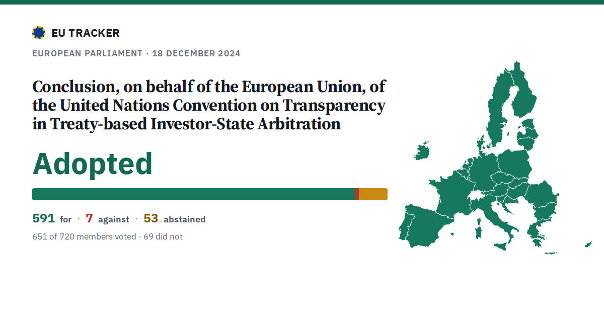 Conclusion, on behalf of the European Union, of the United Nations Convention on Transparency in Treaty-based Investor-State Arbitration: Adopted, 591 in favour, 7 against, 53 abstained.