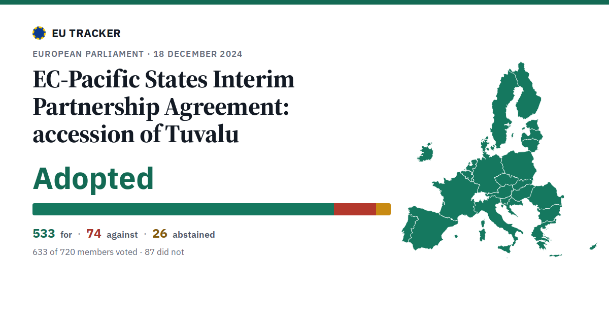 EC-Pacific States Interim Partnership Agreement: accession of Tuvalu: Adopted, 533 in favour, 74 against, 26 abstained.
