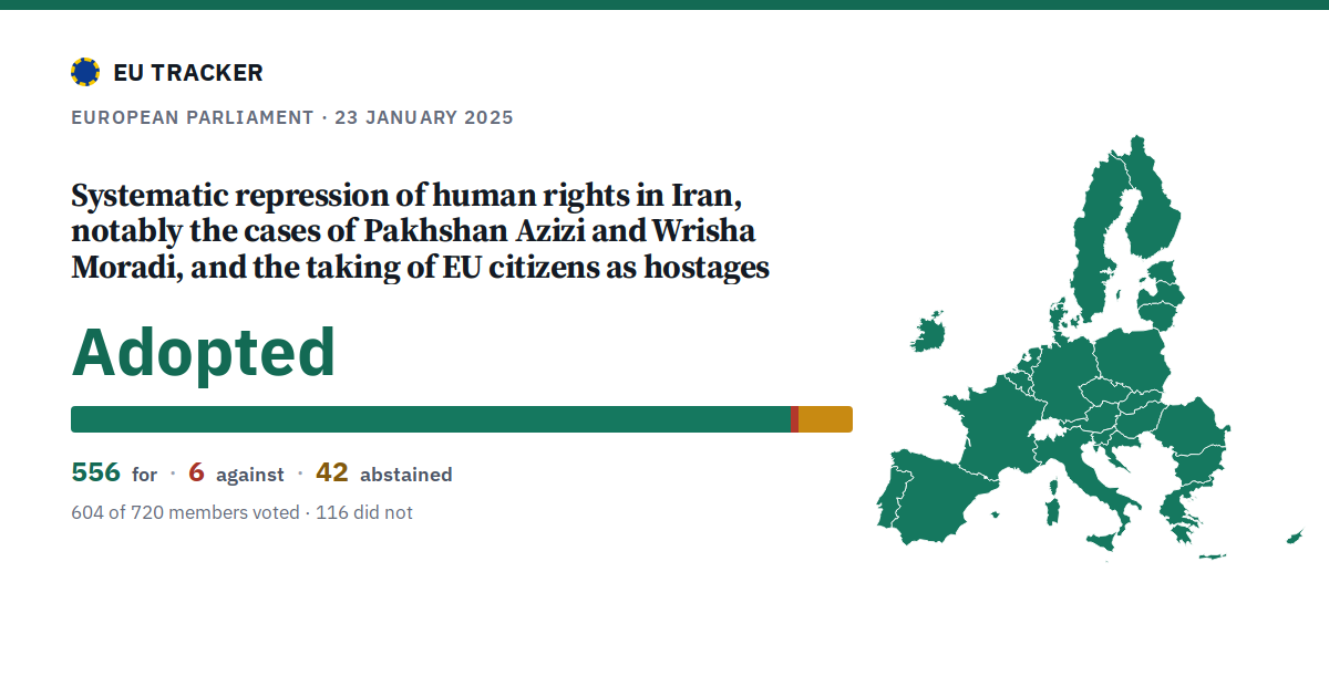 Systematic repression of human rights in Iran, notably the cases of Pakhshan Azizi and Wrisha Moradi, and the taking of EU citizens as hostages: Adopted, 556 in favour, 6 against, 42 abstained.