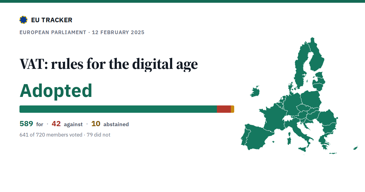 VAT: rules for the digital age: Adopted, 589 in favour, 42 against, 10 abstained.