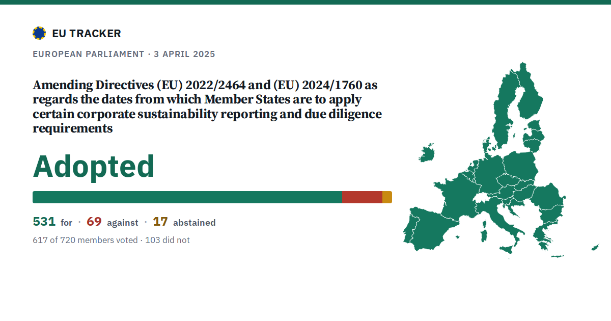 Amending Directives (EU) 2022/2464 and (EU) 2024/1760 as regards the dates from which Member States are to apply certain corporate sustainability reporting and due diligence requirements: Adopted, 531 in favour, 69 against, 17 abstained.