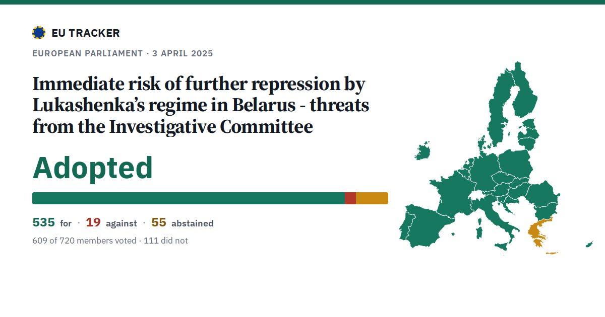 Immediate risk of further repression by Lukashenka’s regime in Belarus - threats from the Investigative Committee: Adopted, 535 in favour, 19 against, 55 abstained.