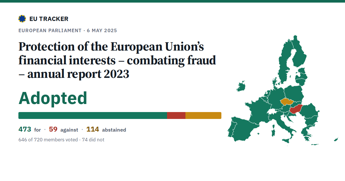 Protection of the European Union’s financial interests – combating fraud – annual report 2023: Adopted, 473 in favour, 59 against, 114 abstained.