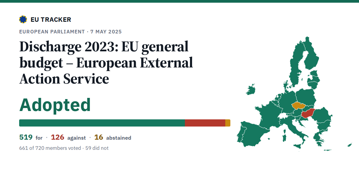 Discharge 2023: EU general budget – European External Action Service: Adopted, 519 in favour, 126 against, 16 abstained.
