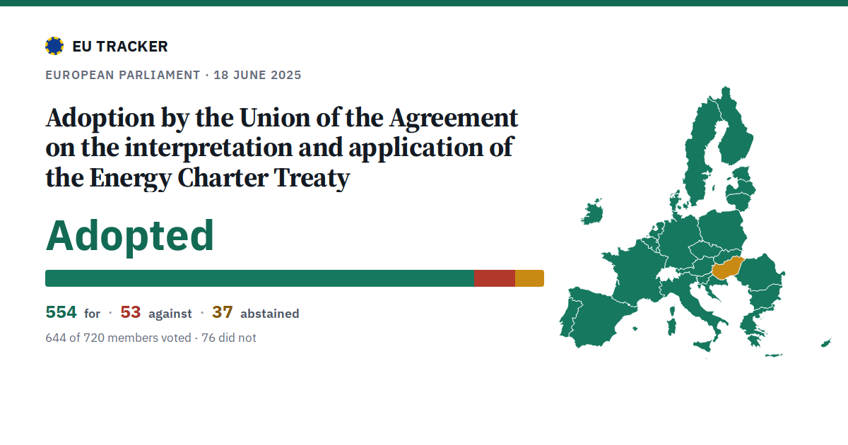 Adoption by the Union of the Agreement on the interpretation and application of the Energy Charter Treaty: Adopted, 554 in favour, 53 against, 37 abstained.