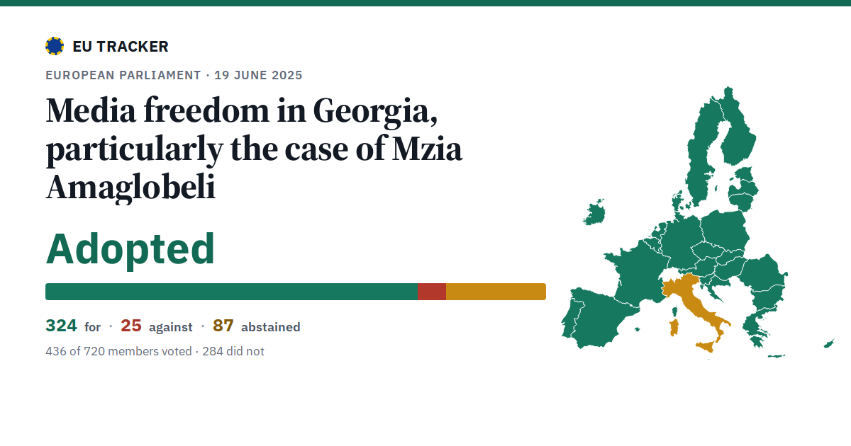 Media freedom in Georgia, particularly the case of Mzia Amaglobeli: Adopted, 324 in favour, 25 against, 87 abstained.