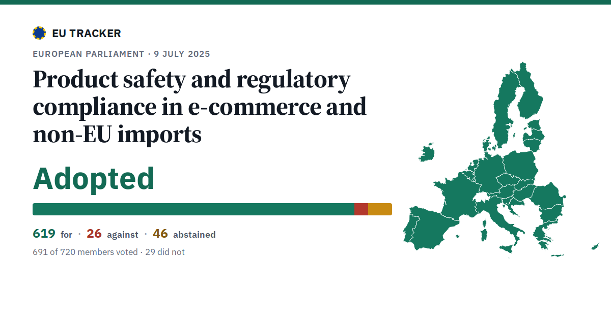 Product safety and regulatory compliance in e-commerce and non-EU imports: Adopted, 619 in favour, 26 against, 46 abstained.