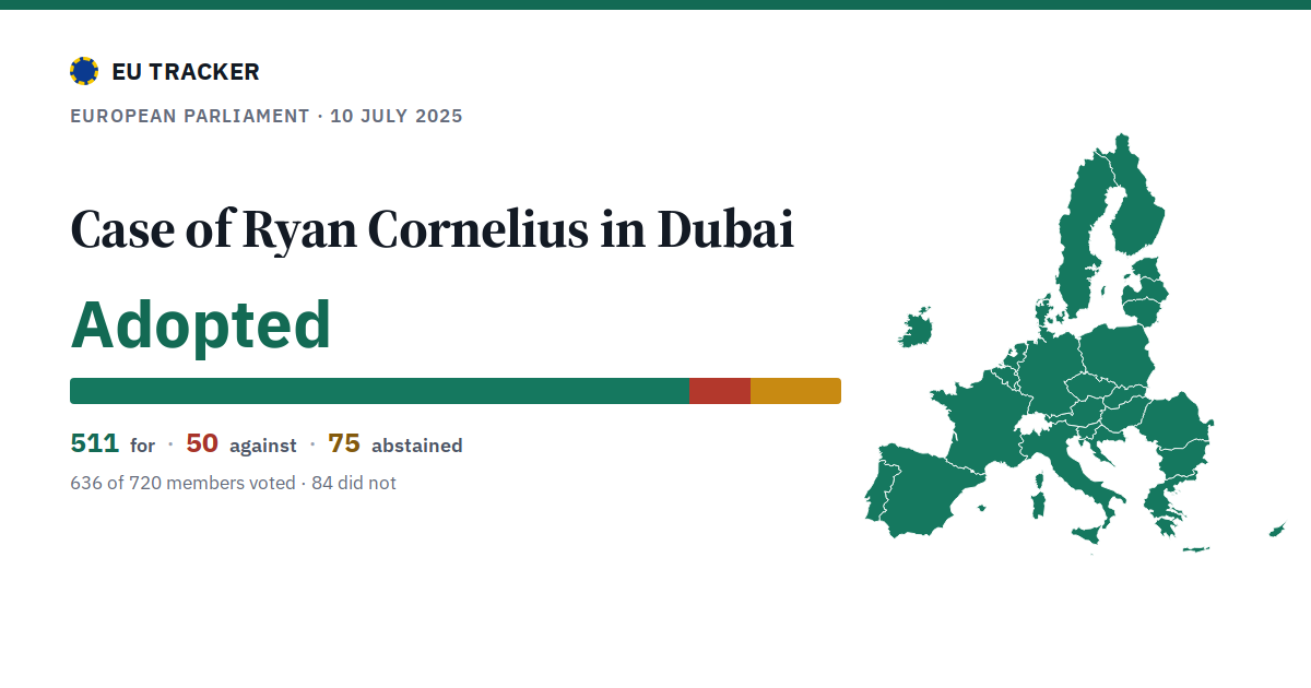Case of Ryan Cornelius in Dubai: Adopted, 511 in favour, 50 against, 75 abstained.