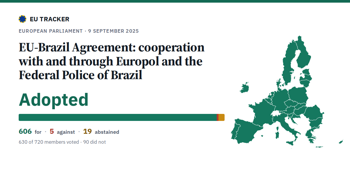 EU-Brazil Agreement: cooperation with and through Europol and the Federal Police of Brazil: Adopted, 606 in favour, 5 against, 19 abstained.