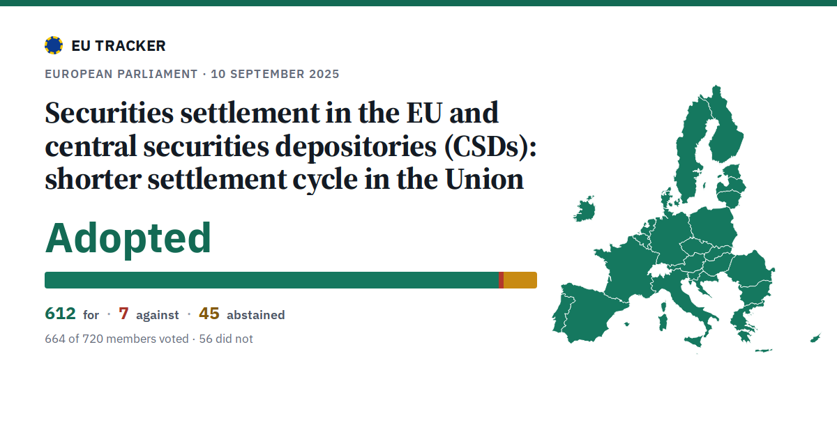Securities settlement in the EU and central securities depositories (CSDs): shorter settlement cycle in the Union: Adopted, 612 in favour, 7 against, 45 abstained.