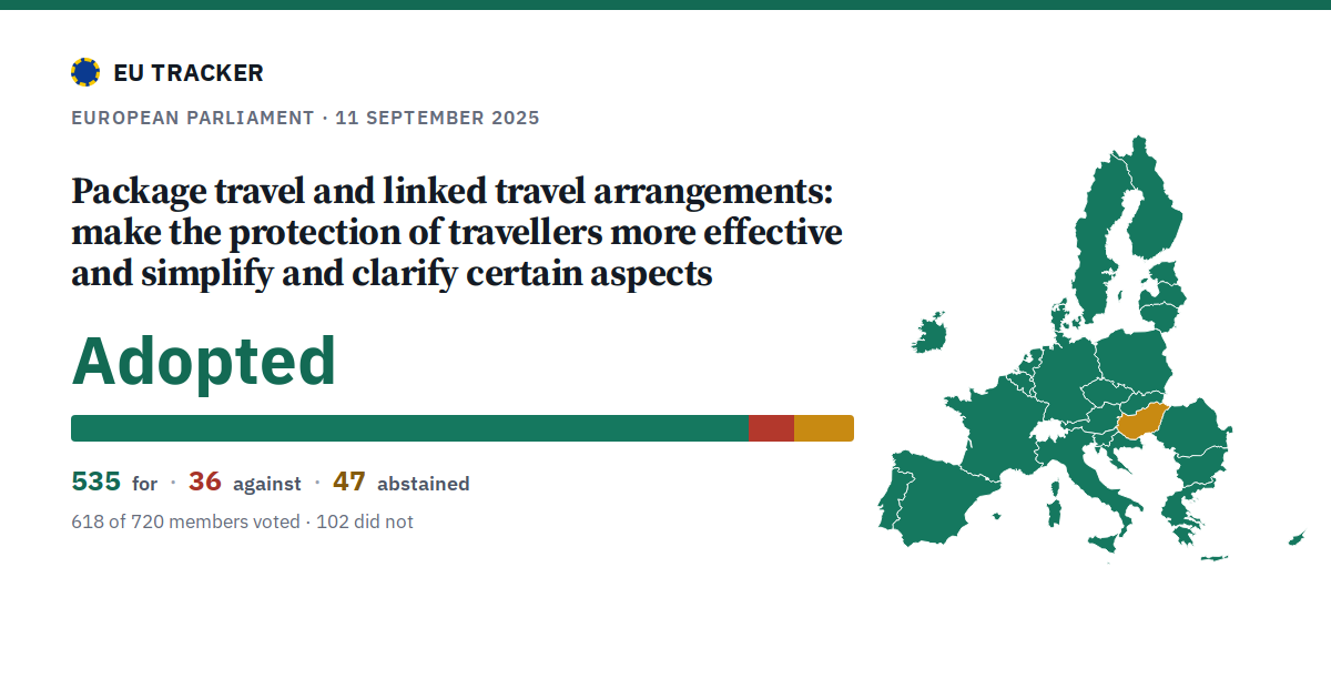 Package travel and linked travel arrangements: make the protection of travellers more effective and simplify and clarify certain aspects: Adopted, 535 in favour, 36 against, 47 abstained.