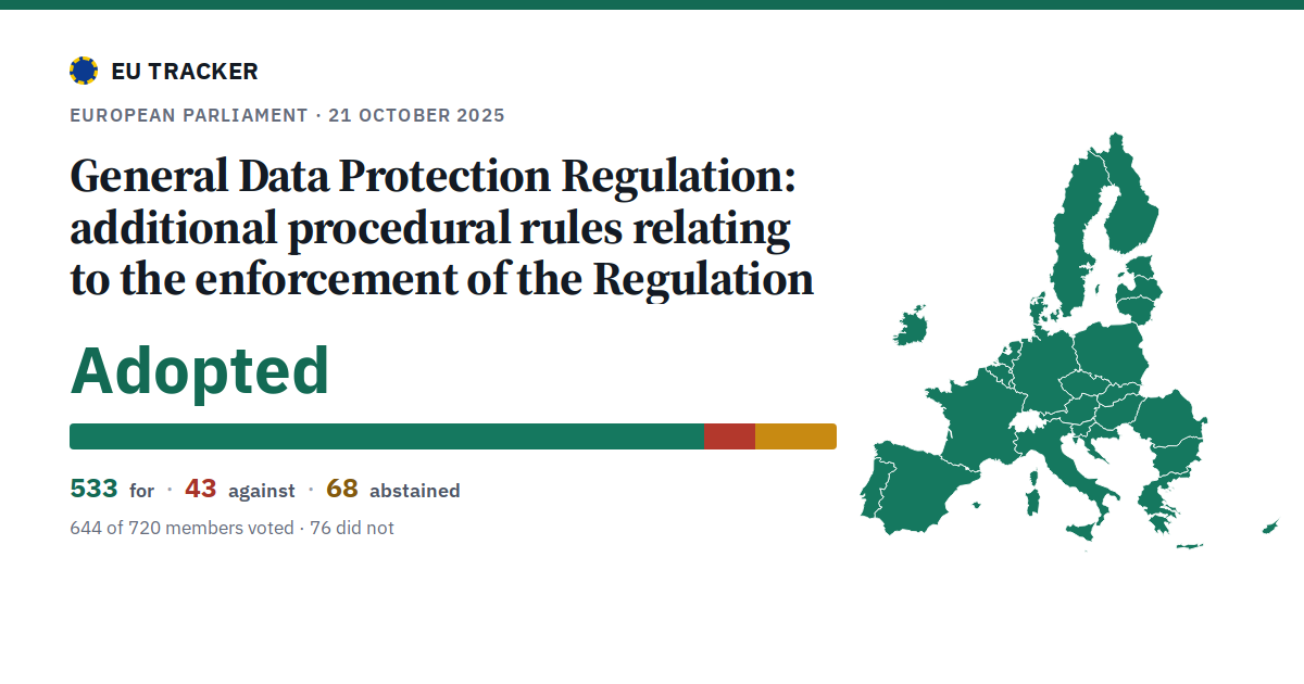 General Data Protection Regulation: additional procedural rules relating to the enforcement of the Regulation: Adopted, 533 in favour, 43 against, 68 abstained.