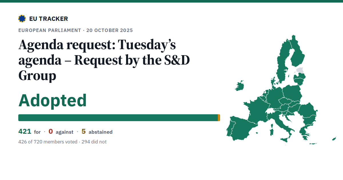 Tuesday’s agenda – Request by the S&D Group: Agenda request: adopted, 421 in favour, 0 against, 5 abstained.
