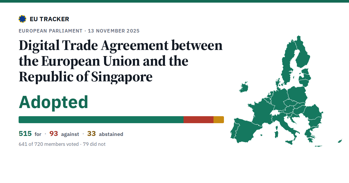 Digital Trade Agreement between the European Union and the Republic of Singapore: Adopted, 515 in favour, 93 against, 33 abstained.
