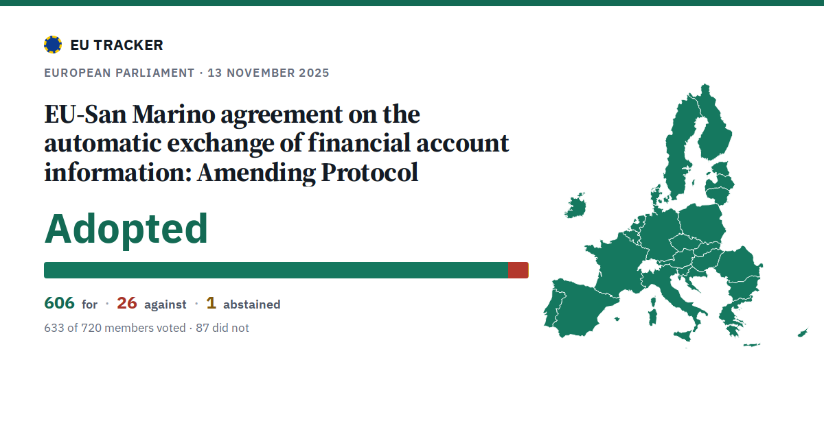 EU-San Marino agreement on the automatic exchange of financial account information: Amending Protocol: Adopted, 606 in favour, 26 against, 1 abstained.