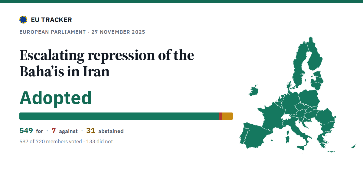 Escalating repression of the Baha’is in Iran: Adopted, 549 in favour, 7 against, 31 abstained.