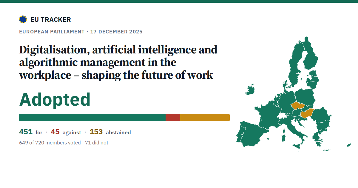 Digitalisation, artificial intelligence and algorithmic management in the workplace – shaping the future of work: Adopted, 451 in favour, 45 against, 153 abstained.
