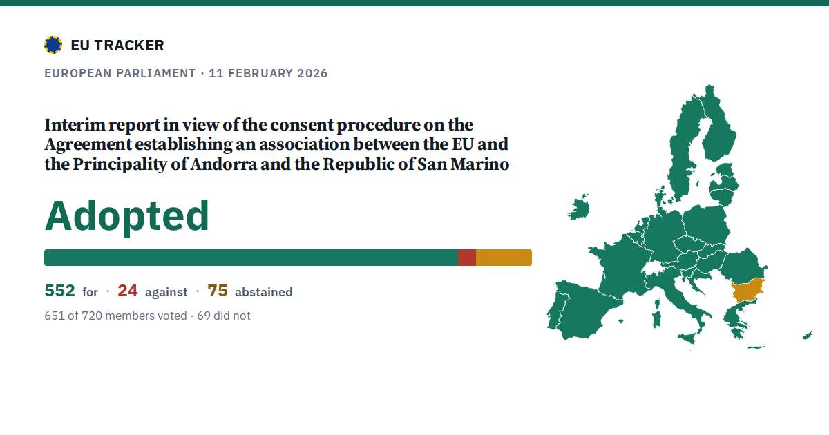 Interim report in view of the consent procedure on the Agreement establishing an association between the EU and the Principality of Andorra and the Republic of San Marino: Adopted, 552 in favour, 24 against, 75 abstained.