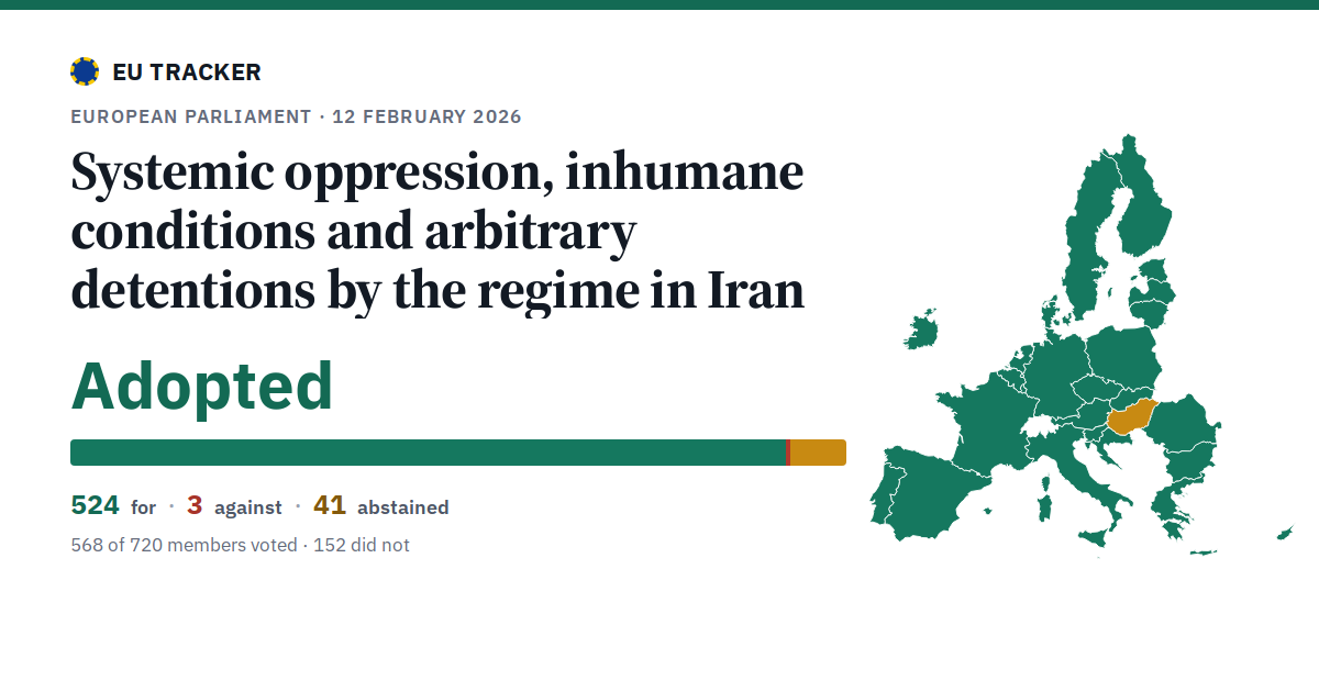 Systemic oppression, inhumane conditions and arbitrary detentions by the regime in Iran: Adopted, 524 in favour, 3 against, 41 abstained.