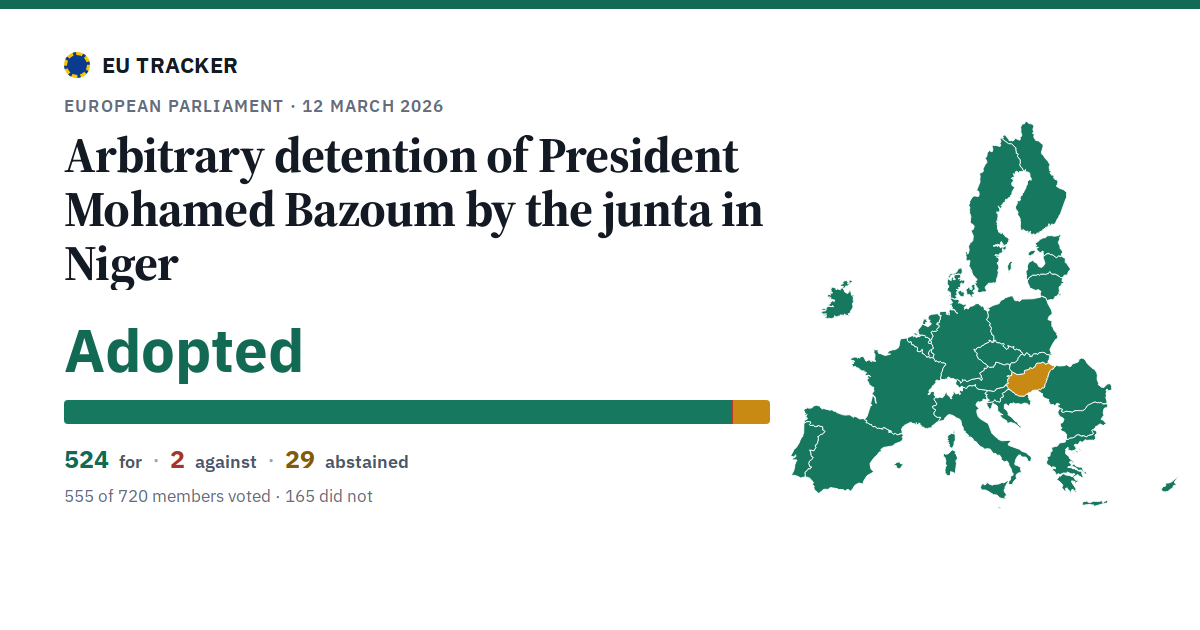 Arbitrary detention of President Mohamed Bazoum by the junta in Niger: Adopted, 524 in favour, 2 against, 29 abstained.