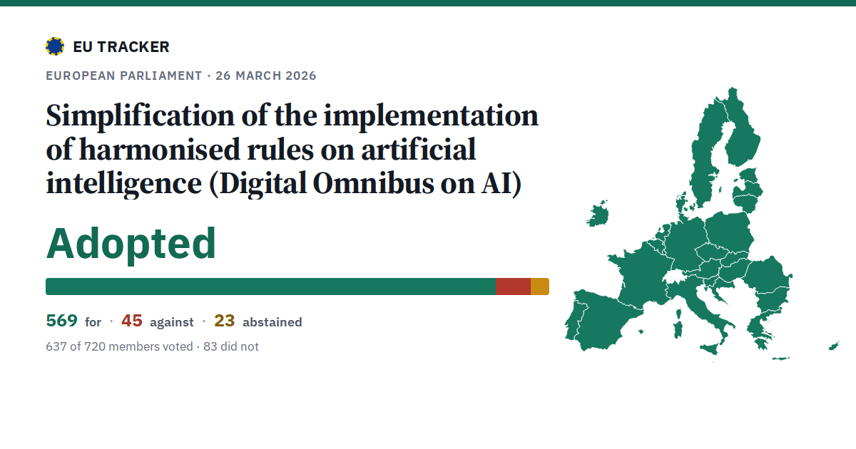 Simplification of the implementation of harmonised rules on artificial intelligence (Digital Omnibus on AI): Adopted, 569 in favour, 45 against, 23 abstained.