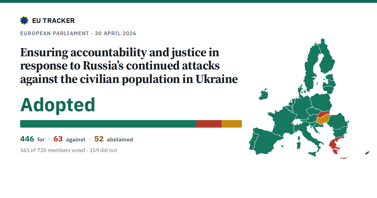 Ensuring accountability and justice in response to Russia’s continued attacks against the civilian population in Ukraine: Adopted, 446 in favour, 63 against, 52 abstained.
