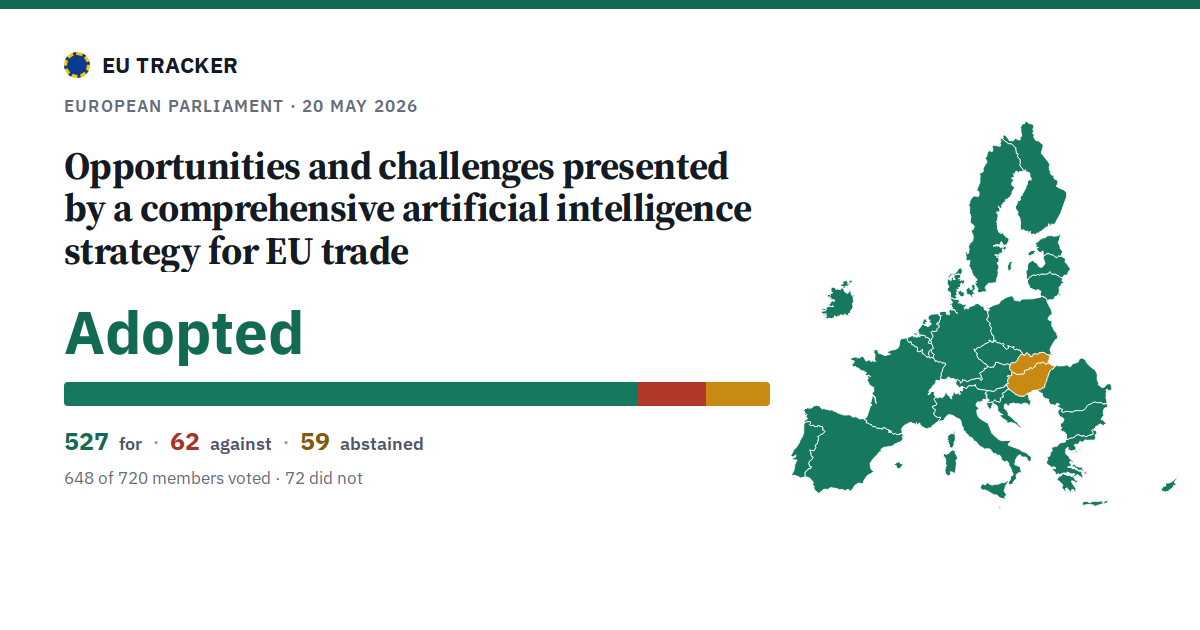 Opportunities and challenges presented by a comprehensive artificial intelligence strategy for EU trade: Adopted, 527 in favour, 62 against, 59 abstained.