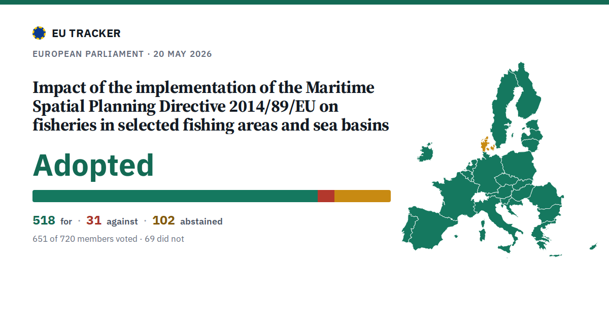 Impact of the implementation of the Maritime Spatial Planning Directive 2014/89/EU on fisheries in selected fishing areas and sea basins: Adopted, 518 in favour, 31 against, 102 abstained.