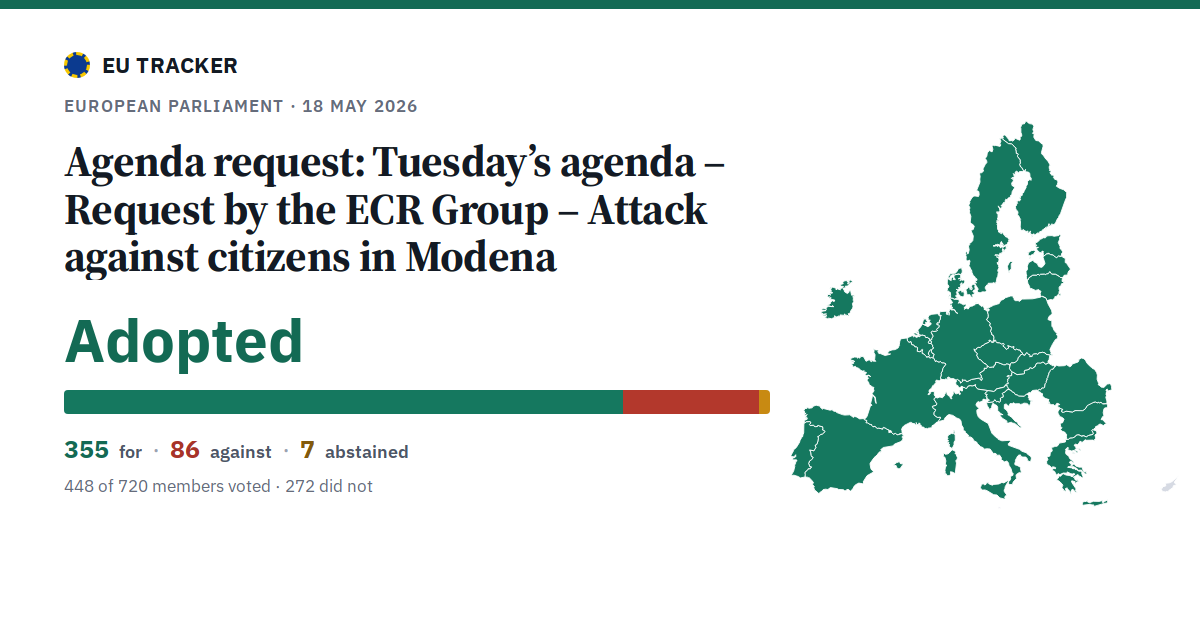 Tuesday’s agenda – Request by the ECR Group – Attack against citizens in Modena: Agenda request: adopted, 355 in favour, 86 against, 7 abstained.