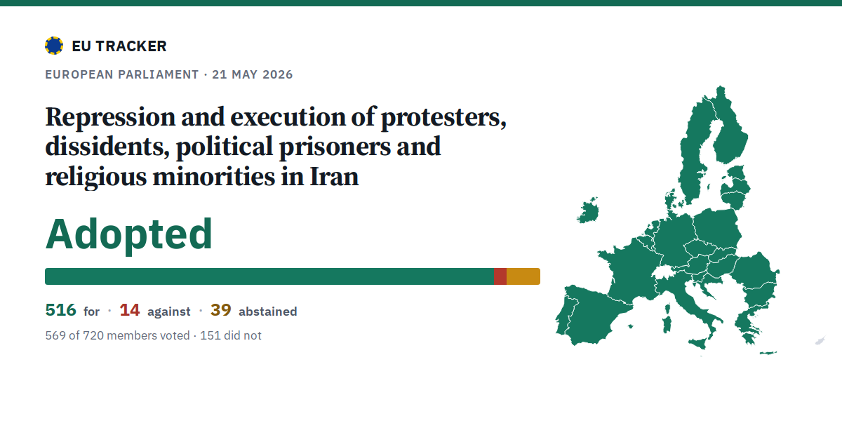 Repression and execution of protesters, dissidents, political prisoners and religious minorities in Iran: Adopted, 516 in favour, 14 against, 39 abstained.