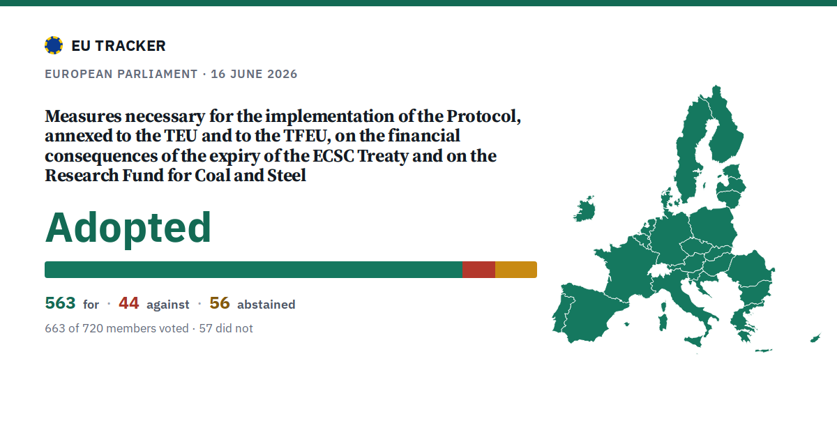 Measures necessary for the implementation of the Protocol, annexed to the TEU and to the TFEU, on the financial consequences of the expiry of the ECSC Treaty and on the Research Fund for Coal and Steel: Adopted, 563 in favour, 44 against, 56 abstained.