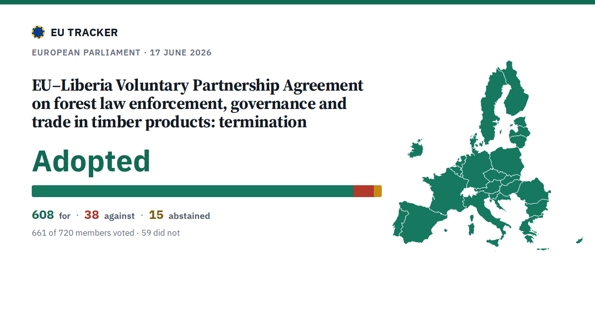 EU–Liberia Voluntary Partnership Agreement on forest law enforcement, governance and trade in timber products: termination: Adopted, 608 in favour, 38 against, 15 abstained.