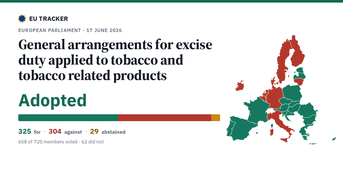 General arrangements for excise duty applied to tobacco and tobacco related products: Adopted, 325 in favour, 304 against, 29 abstained.