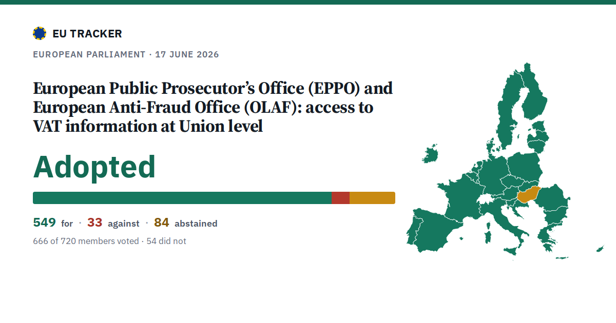 European Public Prosecutor’s Office (EPPO) and European Anti-Fraud Office (OLAF): access to VAT information at Union level: Adopted, 549 in favour, 33 against, 84 abstained.