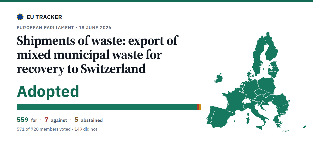 Shipments of waste: export of mixed municipal waste for recovery to Switzerland: Adopted, 559 in favour, 7 against, 5 abstained.