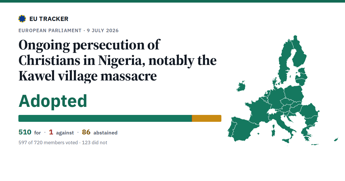 Ongoing persecution of Christians in Nigeria, notably the Kawel village massacre: Adopted, 510 in favour, 1 against, 86 abstained.
