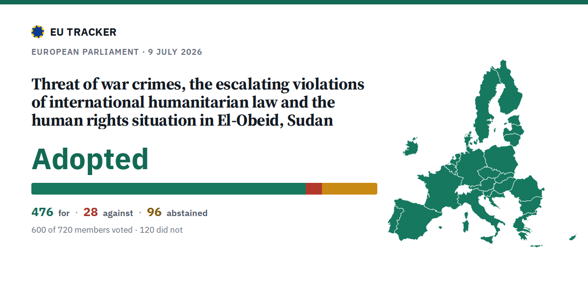 Threat of war crimes, the escalating violations of international humanitarian law and the human rights situation in El-Obeid, Sudan: Adopted, 476 in favour, 28 against, 96 abstained.