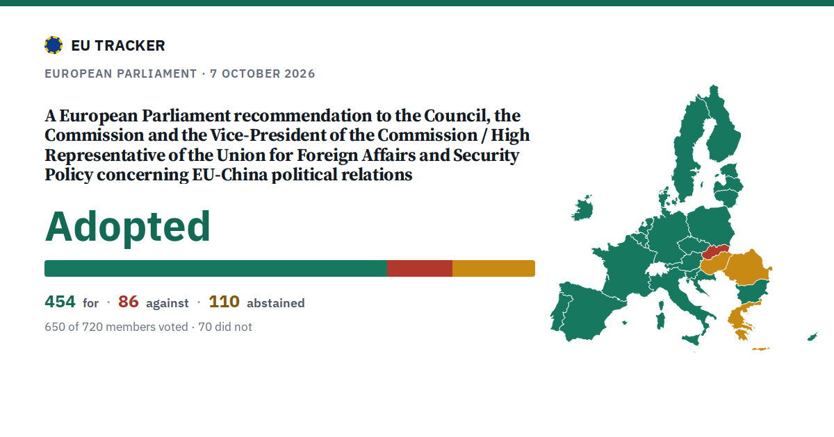 A European Parliament recommendation to the Council, the Commission and the Vice-President of the Commission / High Representative of the Union for Foreign Affairs and Security Policy concerning EU-China political relations: Adopted, 454 in favour, 86 against, 110 abstained.