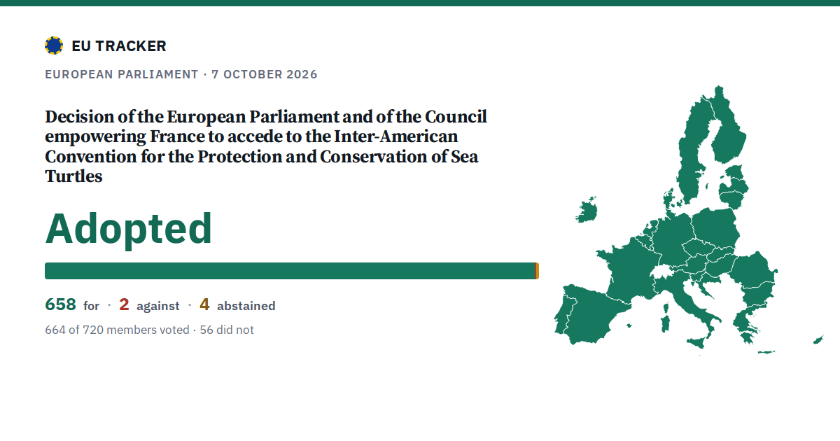 Decision of the European Parliament and of the Council empowering France to accede to the Inter-American Convention for the Protection and Conservation of Sea Turtles: Adopted, 658 in favour, 2 against, 4 abstained.