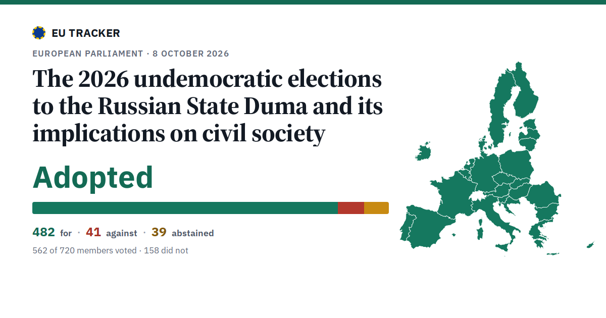 The 2026 undemocratic elections to the Russian State Duma and its implications on civil society: Adopted, 482 in favour, 41 against, 39 abstained.