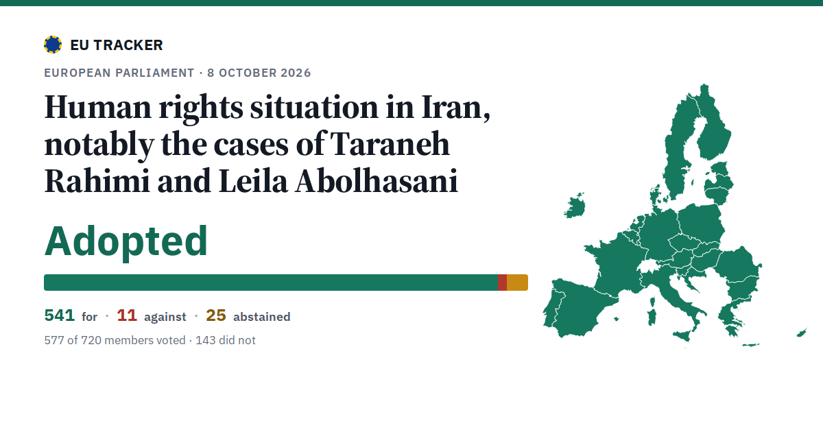 Human rights situation in Iran, notably the cases of Taraneh Rahimi and Leila Abolhasani: Adopted, 541 in favour, 11 against, 25 abstained.