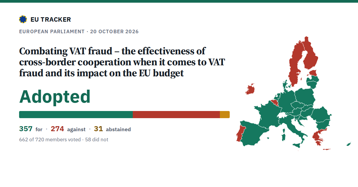 Combating VAT fraud – the effectiveness of cross-border cooperation when it comes to VAT fraud and its impact on the EU budget: Adopted, 357 in favour, 274 against, 31 abstained.