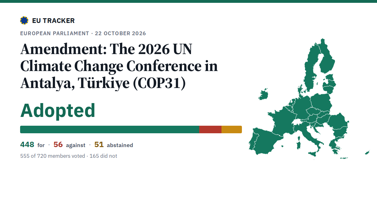 The 2026 UN Climate Change Conference in Antalya, Türkiye (COP31): Amendment: adopted, 448 in favour, 56 against, 51 abstained.